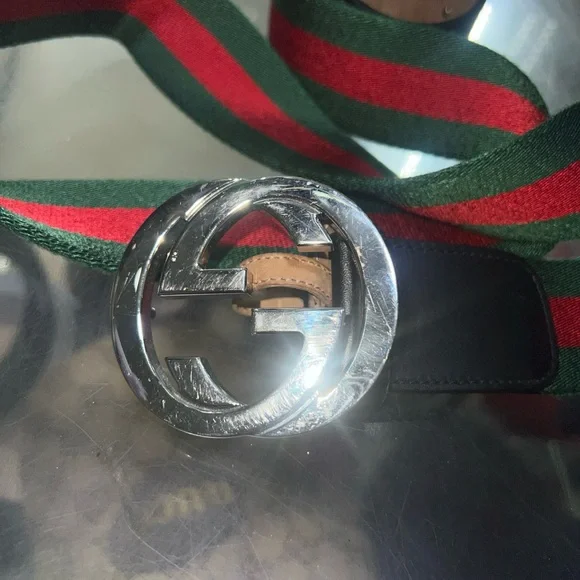 Gucci Green and Red Web Belt with Silver Buckle